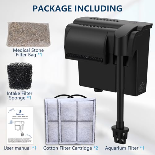 Image of fishkeeper 6W 180GPH Ultra-Quiet Hang On Back Aquarium Filter, <28dB Whisper 4-Stage Biochemical Fish Tank Filter with Waterfall Oxygenation for 10-50Gal Fresh /Saltwater Tanks, w /Two Free Cartridges