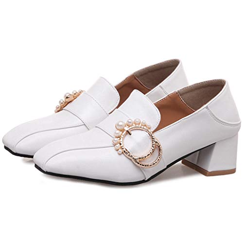 MIOKE Women's Pointed Toe Buckle Pump Loafers Slip-On Patent Leather Chunky Mid Heel Work Office Dress Shoes2