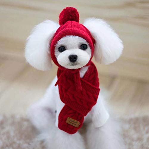 Van Caro Knitted Doggie Scarf And Hat Set Puppy Dogs Cats Lovely Fall Winter Outfits (Red) #TOP4