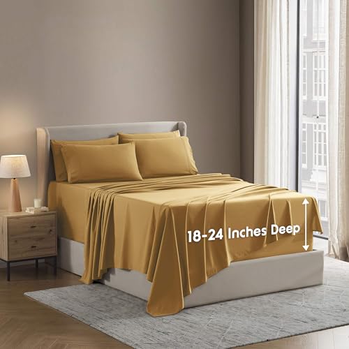 Image of Nestl Extra Deep Cal King Sheet Set - 6 Piece Breathable & Cooling Sheets - Hotel Luxury Bedding Set w /18-24 Inch Deep Pockets - Easy & Secure Fit - Super Soft, Wrinkle Free & Comfy - Camel Gold