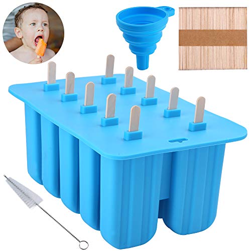 Uponer Molde Helado 10 Rejillas para Helados y Polos de Silicona Reutilizable con 50 Palitos de Madera,Plegable Embudo,Tapa y Cepillo de Limpieza