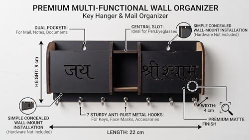 Image of Wooden Key Holder for Wall Home Decor | Jai Shree Shyam Multi-Functional Wall Organizer with 7 Hooks, Mail & Letter Box, Pen Stand | Wall Mount Key Hanger for Entryway, Living Room & Office Black