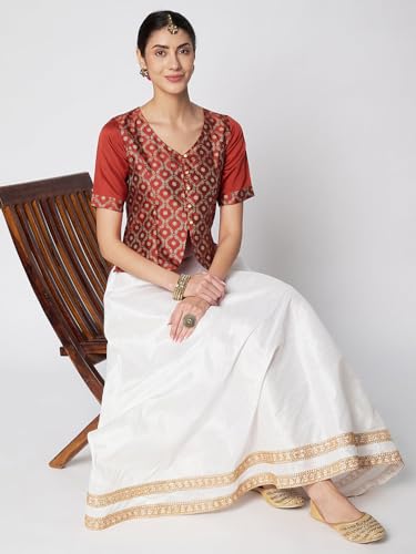 Image of studio rasa Women's Silk Blend Block Printed Button Down Readymade Top for Wedding Festive Party