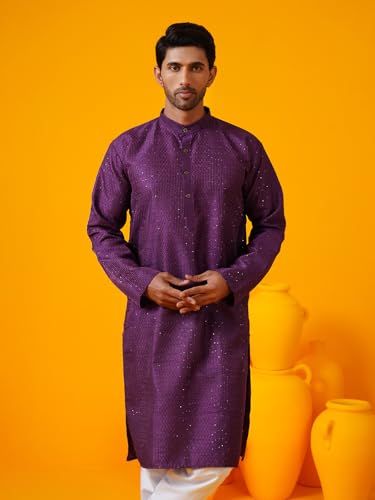 Image of SOJANYA (Since 1958 Men's Silk Bend Krochet Thread Embroidered Kurta with White Pyjama