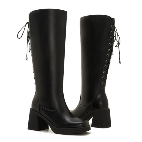 Wide Calf Knee High Boots for Women – Plus Size Chunky Heel Boots with Adjustable Lace-Up Back4