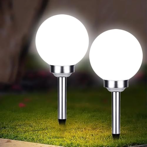 GEEZY Solar Stake Light Set of 2, Large 25cm Globe, Waterproof Outdoor Garden Lighting, Solar Powered, Automatic Dusk to Dawn, Weatherproof Plastic, Easy Installation, White Mood Ball