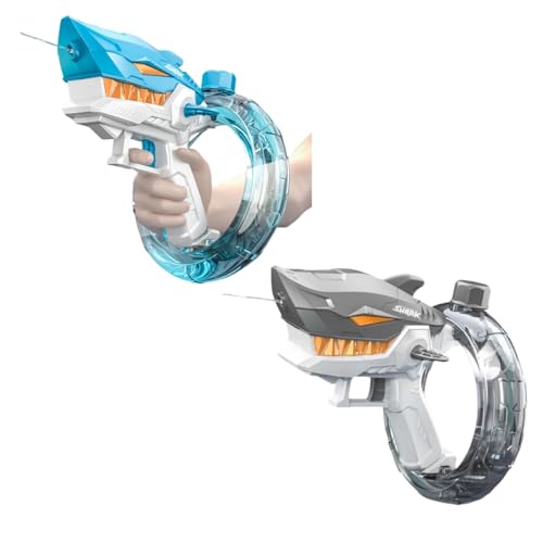 Zehaiwl 水鉄砲 電動 サメの自動連発ウォーターガン バッテリー 付属 超強力飛距離 300ml 貯水量 子供 大人兼用 水遊びおもちゃ 海水浴 プール ビーチ アウトドア遊びおもちゃ 夏祭り 子供の日 プレゼント (グレー +ブルー)
