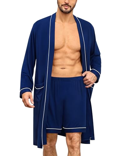 SWOMOG Mens Modal Robe with Shorts Set 2 Pcs Long Sleeve Kimono Bathrobe Soft Pjs Set Loungewear with Pockets