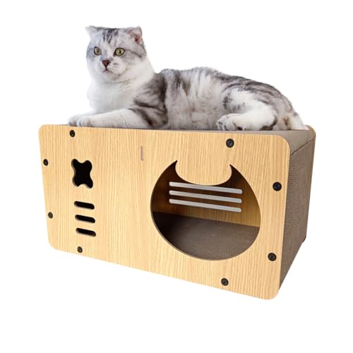 Heikoeco® Katzenhöhle mit Kratzbrett, XXL Katzenhaus Indoor aus Pappe, Kratzpappe für Katzen, Kratzpad Lounge, Langlebiges Katzenspielzeug 55 * 29 * 28cm (kleines Monster)