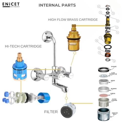 Image of ENICET Brass Wall Mixer with 190mm Long Bend Pipe, Chrome Finish, Provision for Overhead Shower, Wall Mixer for Bathroom, Water Mixer Tap for Bathroom Full Set (WITH SHOWER)