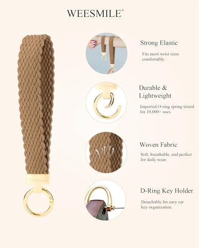 Image of WEESMILE Keychain Wristlet, Stretchy Key Chain for Car Keys with 2 Keyrings and D ring, Cute Wrist Lanyard for Women Men