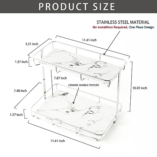 Bathroom Organizer Countertop Perfume Organizer Makeup Organizer Cosmetics Storage Display Rack Vanity Tray Dresser Stainless Steel Gold Shelf White Marble Ceramic Tray (2 Tier L-Sliver)