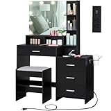 usikey Large Vanity Table Set with Lighted Mirror & Charging Station, Makeup Vanity Dressing Table with 4 Storage Shelves and 4 Drawers, Vanity Desk with 3-Drawer Chest and Cushioned Stool, Black