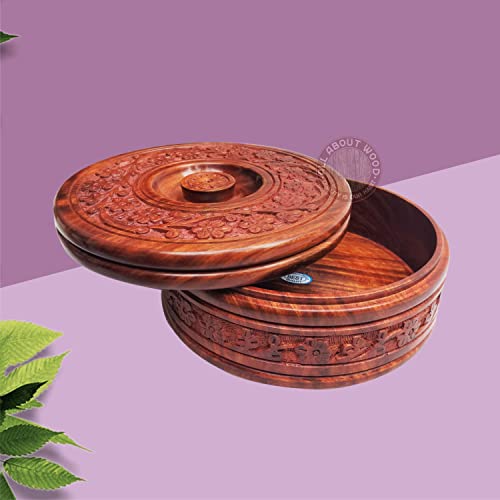 All About Wood NAKASHI Hand-Crafted Insulated Wooden Casserole/Chapati Box Or Salad Serveware -Set of 1 (Diameter: 8 inches)