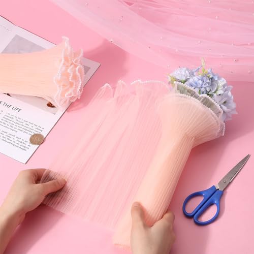 GORGECRAFT 8 Yards Pearl Edge Floral Packaging Paper 30cm Wide Flower Wrapping Mesh Paper Pink Wrinkled Wavy Organza Net Bouquet Gifts Packaging Paper for Wedding Valentine's Day Florist DIY Decor - Image 3