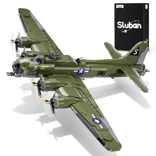Sluban B-17 Flying Fortress Bomber Plane Building Blocks Set 1270PCS WW2 Classic Military Fighter Aircraft Models with Display Stand Army Airplane Gifts Toy for Teens & Adults 14+