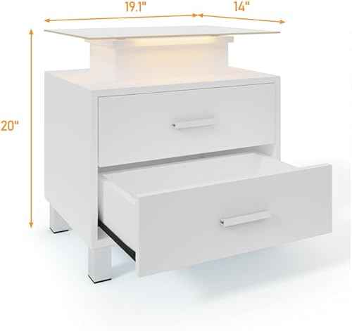 Miniatura 7 de EastVita Mesita de noche LED con estación de carga, escritorio de vidrio templado, mesa auxiliar de camamesita de noche con 2 cajones y luces LED,
