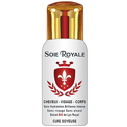 Soie Royale BIO Cure Soyeuse 125 ml Extrait BIO de Lys Royal Protéines de Soie Vitamines EF Soin Cheveux Visage Corps Nourrit Hydrate Démêle avec une Brillance Intense Sans Alcool Made in France.