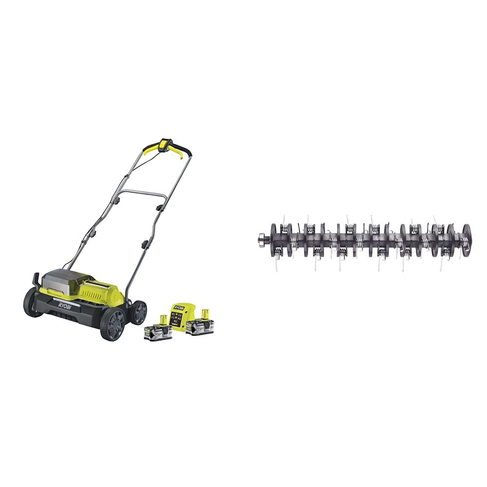 Ryobi Scarificateur 2 x 18V LithiumPlus Fusion Brushless - Diamètre 35 cm - 55L - 2 Batteries 4.0 Ah - 1 Chargeur Rapide RY18SFX35A-240 & Rouleau aérateur pour scarificateur AC/DC RAC821-35 cm