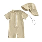 Nibbcoa Toddler Baby Boys Seersucker Short Sleeve One Piece Rash Guard Swimsuit Zipper Bathing Suit Swimwear with Hat (Khaki, 1-2 Years)