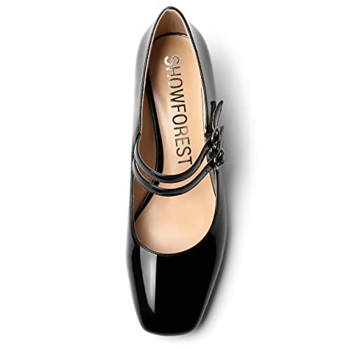 SHOWFOREST Women's Dating Buckle Cute Square Toe Solid Patent Block Low Heel Pumps Shoes 2 Inch3