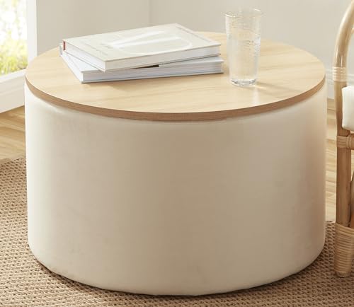 Ornavo Home 22 inch Large Round Ottoman Coffee Table Storage Ottoman with Wooden Lift Off Lid, Ottoman with Storage for Living Room, Bedroom and Office, Velvet Cream