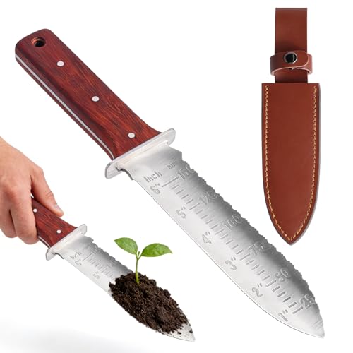 INQUIRLLY Hori Hori Gartenmesser Mehrzweck-Gartenmesseraus Edelstahl mit Einer dicken Lederscheide ideales Gartengerät zum Jäten Graben Schneiden Pflanzen Landschaftsbau und mehr