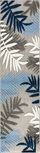 Rugshop Evora Palm Frond Non-Shedding Patio Deck Backyard Indoor/Outdoor Runner Rug 2' x 7' Blue