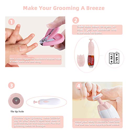 Electric Baby Nail File, Baby Nail Trimmer for Infant Toddler with Light, Toes Fingernails Care Trim Polish Grooming Kit Safe for Newborn, Baby Nail Grinder Set with Nail Clipper (Blush)