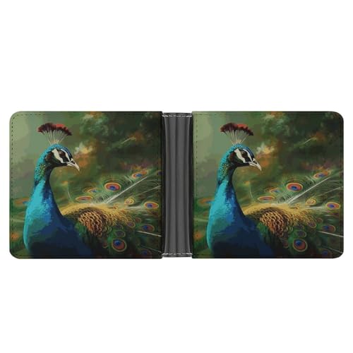 Men's Leather Wallet Bifold Wallet for Men Colorful Peacock Slim Wallet with Multiple Card Classic Passcase Mens Card Holder