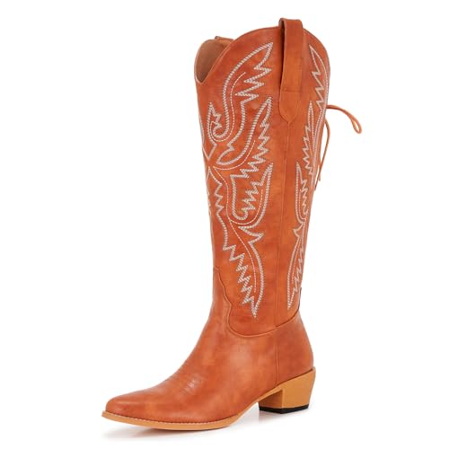 Image of Uillnoodu Wide Calf Cowboy Boots Women Adjustable Lace Up Knee High Tall Plus Size Cowgirl Boots Western Style Comfortable 2-Inch Heel