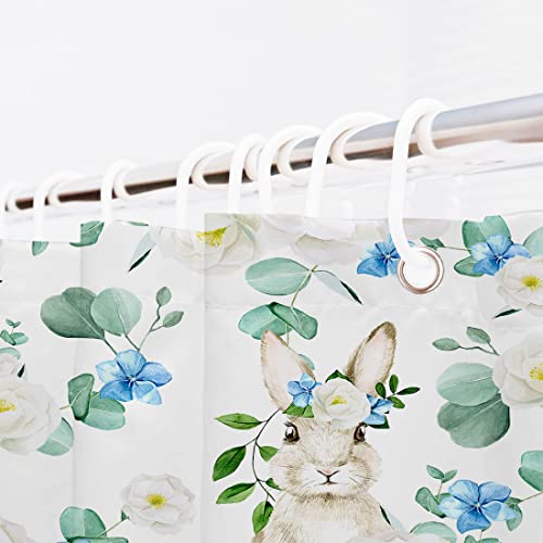 Shengjun 72X72 Easter Bunny Floral Shower Curtains, Spring Watercolor Floral Rabbits Holiday Bath Bathroom Curtains, Blue White Flowers Decors, Home Fabric Waterproof Shower Curtain Set With 12 Hooks #TOP3