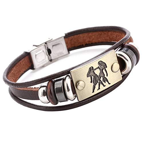 Image of Young & Forever Zodiac Sign Multi-Strand Genuine Leather Bracelet for Men & Boys - Adjustable Tribal Wristband with Antique Metal Charm