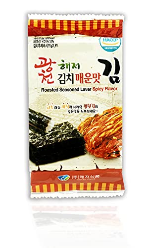 Korean Crispy Seasoned Seaweed Snacks Kimchi Spicy Sheets - 12 Individual Packs 100% Natural Laver 12 Pack Roasted Nori Snack Healthy Premium Gim By Unha's Asian Snack Box #TOP7