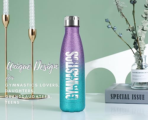 Onebttl Gymnastics Gifts for Girls 8-10, Gymnastic Water Bottle for Coach, 17oz Vacuum Insulated Water Bottle, Glitter Blue & Purple