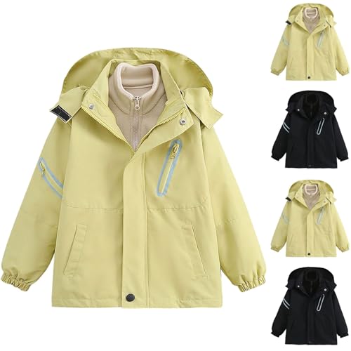 3 in 1 Waterproof Jacket for Kids, Boys Girls Fleece Lined Hoodie Raincoat Long Sleeve Cardigans Detachable Inner Jackets Plain Outerwear, Fall Winter Cardigan with Zip Pockets Coats Casual Jacket