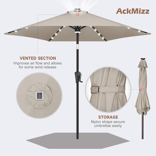 Image of 10ft Solar Patio Umbrella - Outdoor Umbrella with Centre Surround Light 24 LED Lights, Market Table Umbrella with Tilt for Pool, Porch, Garden, Deck, Backyard UV Protection (Taupe)