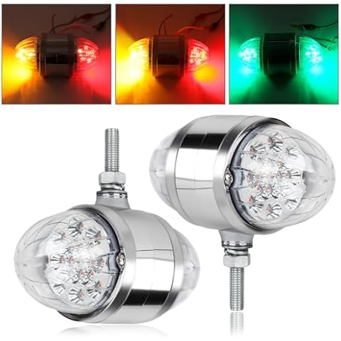 2PCS 17 LED Double Face Dual Revolution Amber Red Turn Signal and Marker to Green Auxiliary Watermelon Lights, Clear Lens with Reflector, 3.5" LED Turn Signal Fender Lights, Chrome Pedestal Lights Cover
