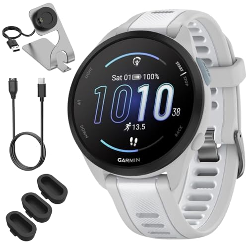 Image of Garmin 010-02863-21 Forerunner 165 Smart Sport Watch, Mist Gray + Whitestone Bundle with Deco Essentials Charging Dock, 3X Silicone Dust Cover and USB Type C Charging and Sync Cable