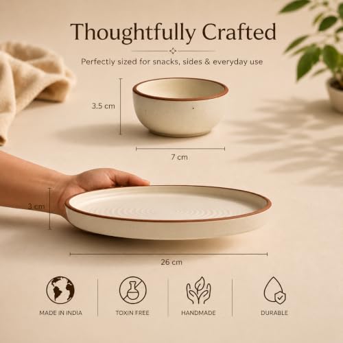 Image of Ceramic Chip & Dip Platter | 10 Inches | Off White Stoneware Serving Plate with Dip Bowl for Snacks, Appetizers, Chips & Starters | Microwave and Dishwasher Safe