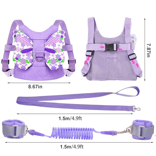 MTOMUYA Anti Lost Toddler Harness - Butterfly Baby Leash and Wrist Link with Lock, Child walking Harness Assistant for Girls, Cute Traction Safety Leash for Kids, Holiday Travel Christmas Gift, Purple