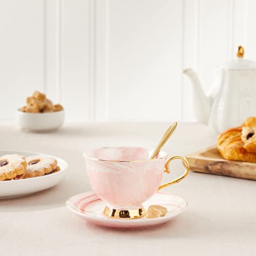 3-Piece Pink Marble Tea Cup And Saucer Gift Set For 1, 7 Oz Teacup With Gold Spoon #TOP1