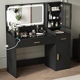 Large Vanity Desk with LED Lights and Mirror, Makeup Vanity Table with 3 Lighting Color Adjustable and Power Strip, Modern Dressing Table with Large Drawer and Cabinet