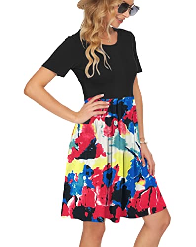Auselily Women's Short Sleeve Pleated Loose Swing Casual Dress With Pockets Knee Length(2Xl,Black Colorful Tie Dye) #TOP4