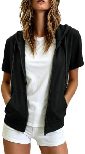 Womens Short Sleeve Zip Up Hoodies Lightweight Slim Fit Drawstrin...