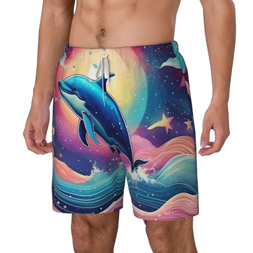 Colorful Starry Sky Ocean Dolphin Men's Soft Double Swim Shorts, Lounge Swiming Shorts Pants Breathable Summer2