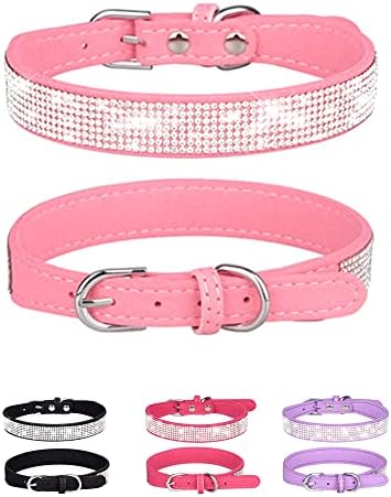 Dog Collar for Small Dogs, Adjustable Leather Suede Bling Dog Collars，Pink Dog Collar Cat Collar, Rhinestone Dog Collar(S, Pink)