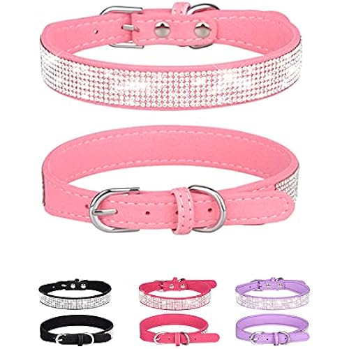 Dog Collar for Small Dogs, Adjustable Leather Suede Bling Dog Collars，Pink Dog Collar Cat Collar, Rhinestone Dog Collar