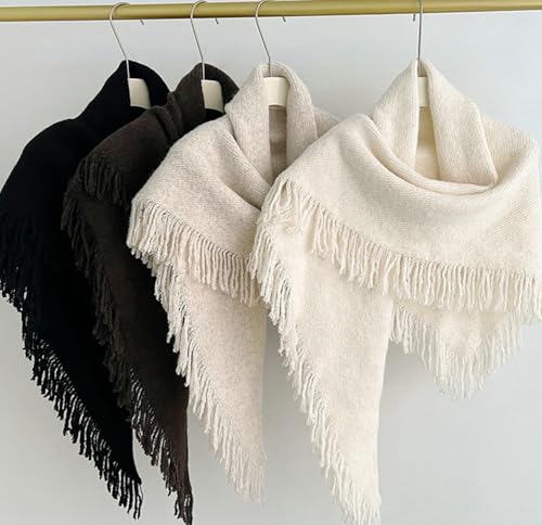 Hycurey Fall Winter Shawl Wrap Fashion Wool Solid Color Tassel Triangle Women's Warm Neck Protection Casual Poncho Top Scarf4