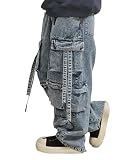 [ワンフォークロージング] ケミカルデニム ワイドカーゴパンツ メンズ デニムカーゴパンツ レディース カーゴパンツ 他ポケット デニム ワイドパンツ ウエストゴム 紐 パンツ 綿100% ズボン